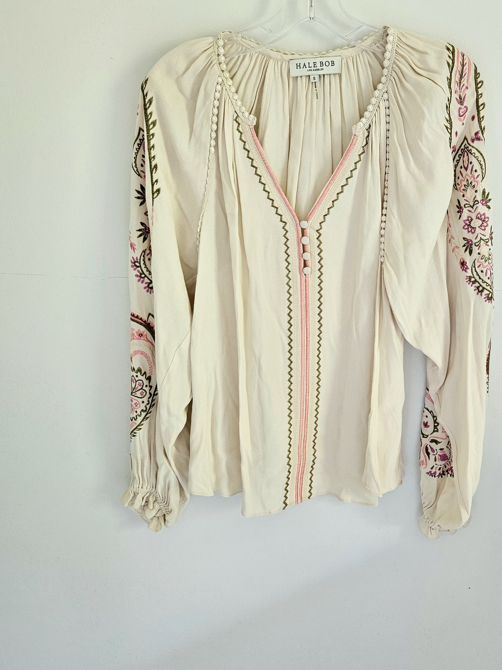 Hale Bob Cream Boho Embroidered Peasant Blouse with Pink & Olive Accents